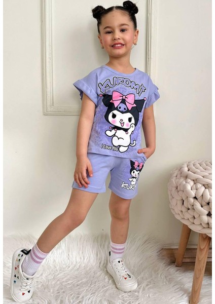 Linna Kuromi Baskılı Alt Üst T-Shirt Şort Takım.. % 100 Pamuk Alt Üst Takım. Lastikli ve Kalın Ip Bağçıklı