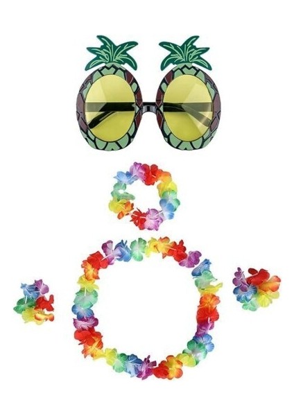 Renkli Ananas Gözlük, Taç, Kolye ve Bileklik Seti