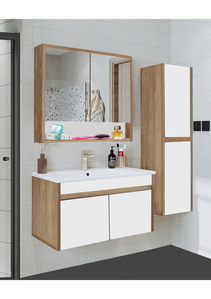 Serena Ea 80 cm Seramik Lavabolu Banyo Dolabı Seti, Boy Dolaplı, Mdf, 80+35 Cm, Hazır Kurulu