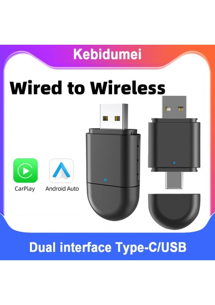 Mini Kablosuz Ios Android Uyumlu Carplay USB ve Type-C 2in1 Araç Multimedya Adaptörü