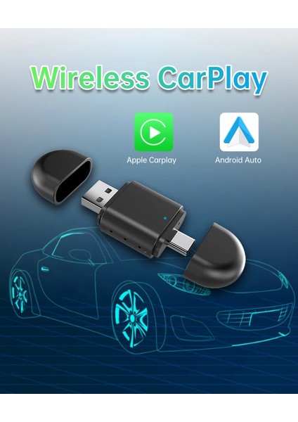 Mini Kablosuz Ios Android Uyumlu Carplay USB ve Type-C 2in1 Araç Multimedya Adaptörü