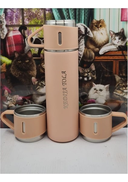 Kişiye Özel Isim Baskılı Paslanmaz Çelik Kutulu Bardaklı Termos Set 500 Ml (Pembe)