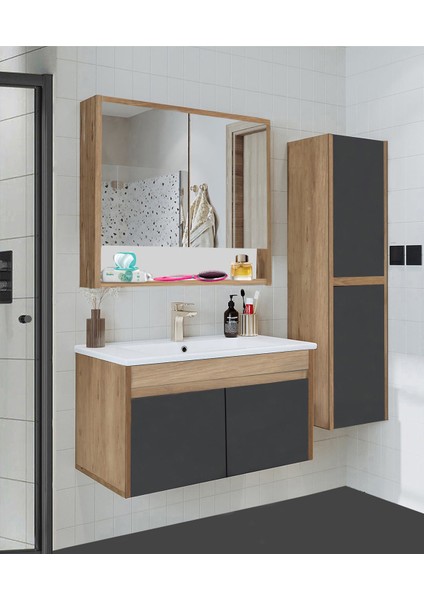 Serena Ea 80 cm Seramik Lavabolu Banyo Dolabı Seti, Boy Dolaplı, Mdf, 80+35 Cm, Hazır Kurulu