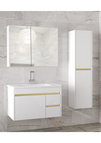 Viosen Bg-Ea 80 cm Seramik Lavabolu Banyo Dolabı Seti, Boy Dolaplı, Mdf, Hazır Kurulu-(80+35)
