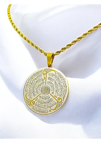 Gold Parlak Taş Çerçeveli Çelik Çift Taraflı Ayetel Kürsi/felak Nas Ihlas Burgu Zincirli Kolye