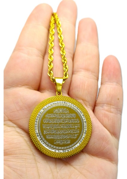 Gold Parlak Taş Çerçeveli Çelik Çift Taraflı Ayetel Kürsi/felak Nas Ihlas Burgu Zincirli Kolye fırsatları