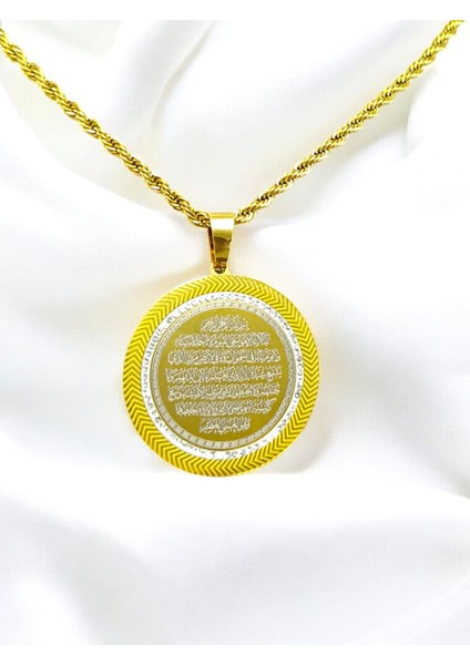 Gold Parlak Taş Çerçeveli Çelik Çift Taraflı Ayetel Kürsi/felak Nas Ihlas Burgu Zincirli Kolye indirimleri
