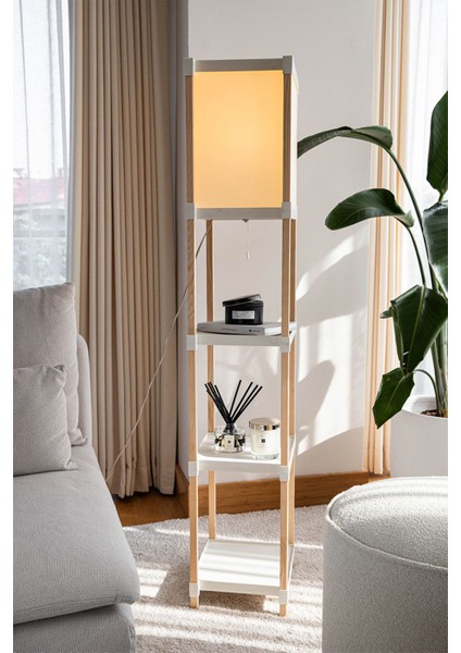 Ahşap Ayaklı 3 Raflı Dekoratif Lambader, Sehpalı, Bej, Yükseklik 101-150 cm