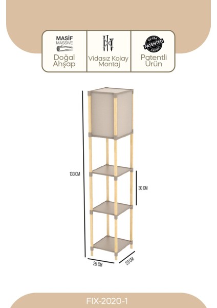 Ahşap Ayaklı 3 Raflı Dekoratif Lambader, Sehpalı, Bej, Yükseklik 101-150 cm