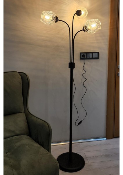Şeffaf siyah 3'lü metal ayaklı modern lambader, oturma odası ve salon kullanımı