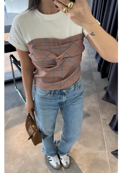 Önü Büzgülü Ekru Kahve Kareli Bluz fiyatları