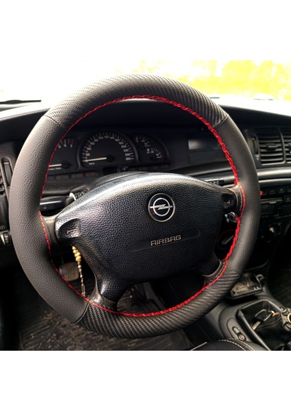 Dikişli Direksiyon Kılıfı Karbon Deri Damarlı Deri Kırmızı Dikişli Opel Vectra B Için