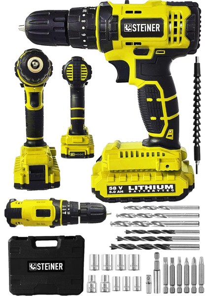 Menashop Metrashop Alman 58 V 5 Ah Darbeli Lityum Çift Akülü Sjs Metal Şanzıman Şarjlı Vidalama Matkap 24 Pcs Set - ST0518R215400342