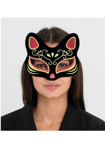 Siyah Süet Kırmızı Sarı Simli Kedi Maskesi fiyatları