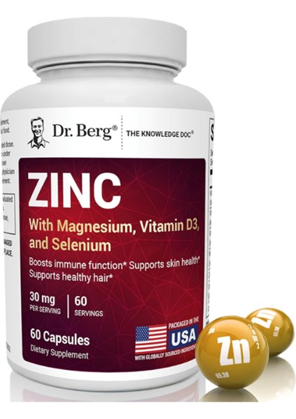 Zinc 30MG Enhanced With Magnezium, Vitamin D3, Selenium, & Copper - Zinc For Men & Women - Chelated Zinc For Immune, Skin, Hair, & Nails Support* - 60 Capsul.abd Menşei