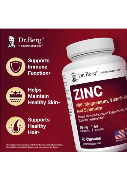 Zinc 30MG Enhanced With Magnezium, Vitamin D3, Selenium, & Copper - Zinc For Men & Women - Chelated Zinc For Immune, Skin, Hair, & Nails Support* - 60 Capsul.abd Menşei fırsatları