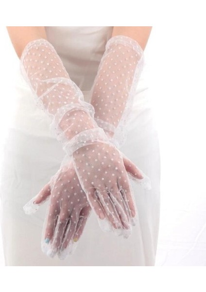 Uzun Boy Beyaz Puantiyeli Beyaz Renk Yetişkin Tül Eldiven modelleri