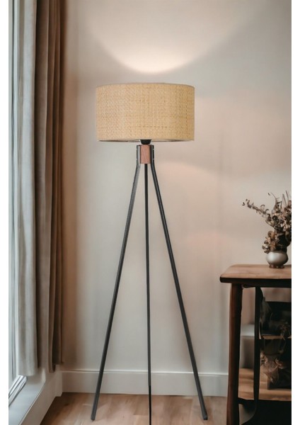 Fısco Tripod Siyah Lambader Silindir Hasır Rattan Abajurlu