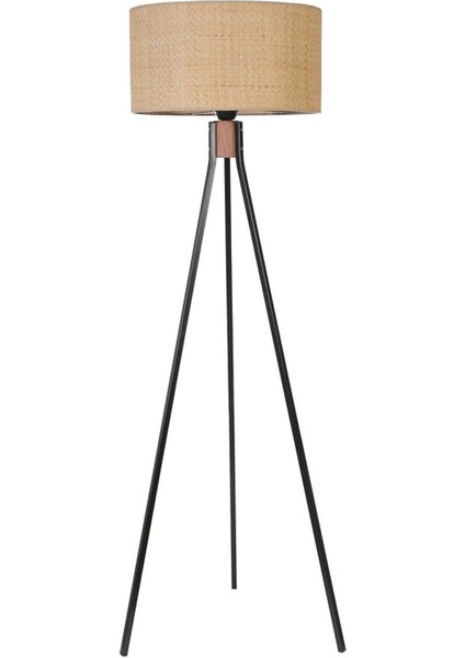 Fısco Tripod Siyah Lambader Silindir Hasır Rattan Abajurlu