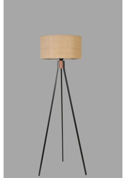 Fısco Tripod Siyah Lambader Silindir Hasır Rattan Abajurlu