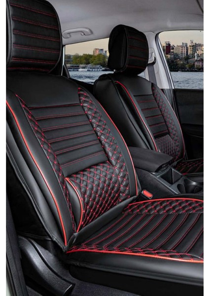 fiat Tempra Uyumlu Konforlu Bel Destekli Yarı Deri Oto Koltuk Kılıfı Siyah Kırmızı Renk Derin