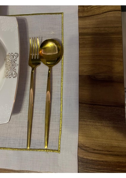 6 adet ekru amerikan servis peçetesi simli gold nakışlı etuval gardenya keten kumaş