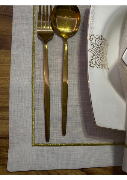 6 adet ekru amerikan servis peçetesi simli gold nakışlı etuval gardenya keten kumaş