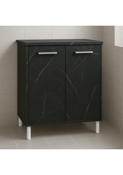 Modern Beyaz ve Siyah Mermer Desen Banyo Alt Dolabı – 2 Kapaklı, Şık ve Kullanışlı Tasarım Ayaklı Lavabo Dolabı