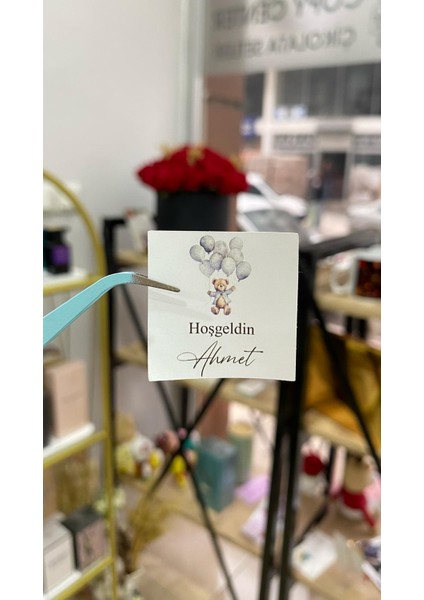 Yenidoğan Çikolata Etiketi Ayıcıklı Balonlu 3,5x3,5 cm 70 Adet Kişiye Özel - Arletikettasarım