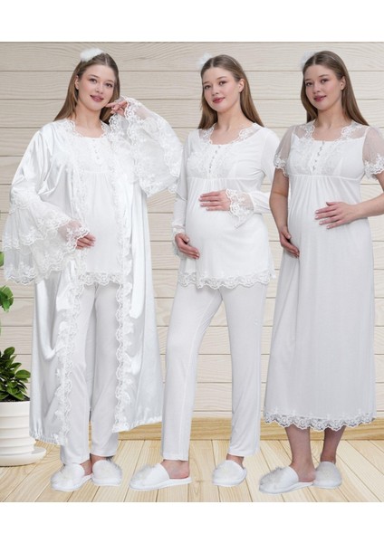 Mecit 6302 Ekru Dantelli Sabahlık Gecelik Pijama Lohusa Set