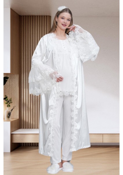 Mecit 6302 Ekru Dantelli Sabahlık Gecelik Pijama Lohusa Set