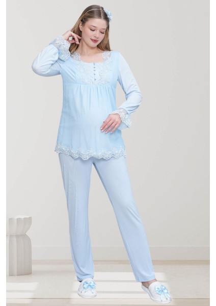 Mecit 6300 Mavi Dantelli Hamile Lohusa Pijama Takımı