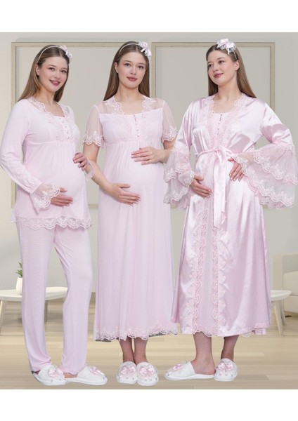 Mecit 6302 Pembe Dantelli Sabahlık Gecelik Pijama Lohusa Set