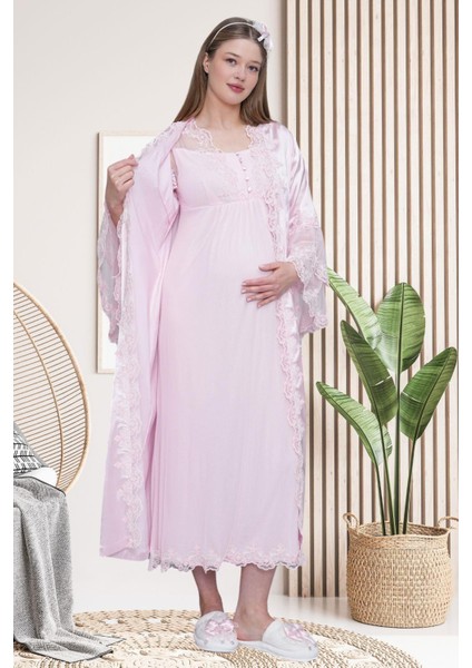 Mecit 6302 Pembe Dantelli Sabahlık Gecelik Pijama Lohusa Set