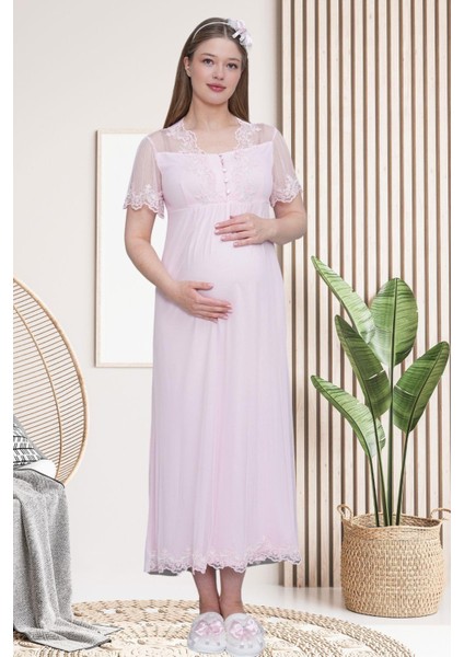 Mecit 6302 Pembe Dantelli Sabahlık Gecelik Pijama Lohusa Set