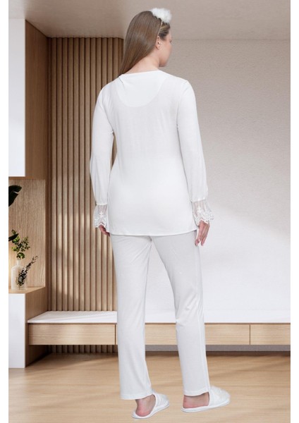 Mecit 6300 Ekru Dantelli Hamile Lohusa Pijama Takımı