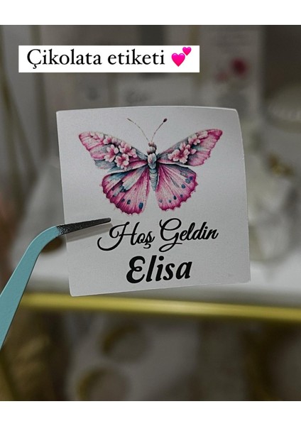 Yenidoğan Çikolata Etiketi Kelebekli 3,5x3,5 cm 70 Adet Kişiye Özel - Arletikettasarım