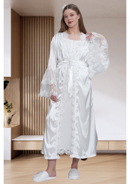 Mecit 6302 Ekru Dantelli Sabahlık Gecelik Pijama Lohusa Set