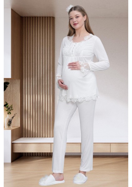 Mecit 6302 Ekru Dantelli Sabahlık Gecelik Pijama Lohusa Set