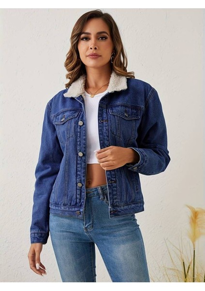 Kadın Içi Kürklü Slim Fit Kot Ceket