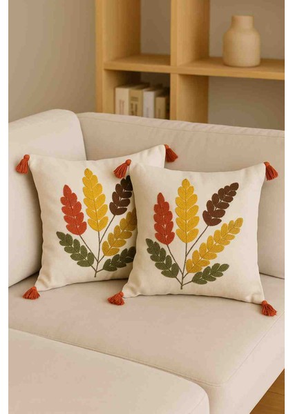 43X43 cm Sonbahar Yaprak Desenli Kırlent Kılıfı 2’li Set – Kabartmalı Nakışlı Dekoratif Yastık