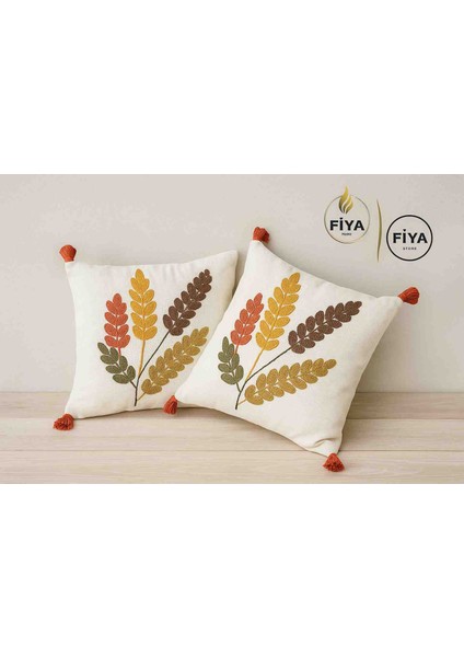 43X43 cm Sonbahar Yaprak Desenli Kırlent Kılıfı 2’li Set – Kabartmalı Nakışlı Dekoratif Yastık modelleri