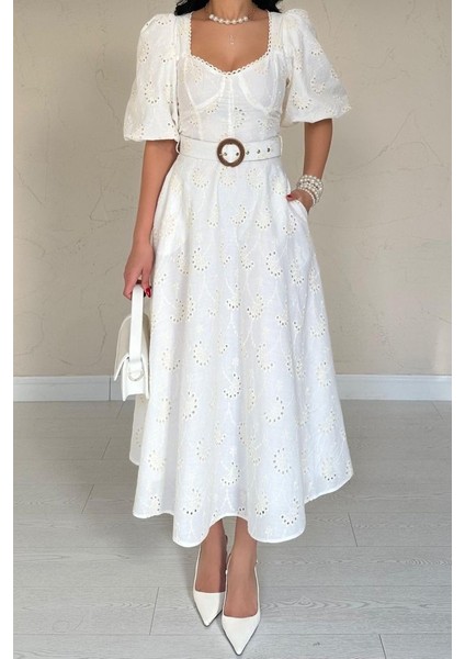 Ekru Göğüs Kup Detaylı Kemerli Brode Elbise modelleri