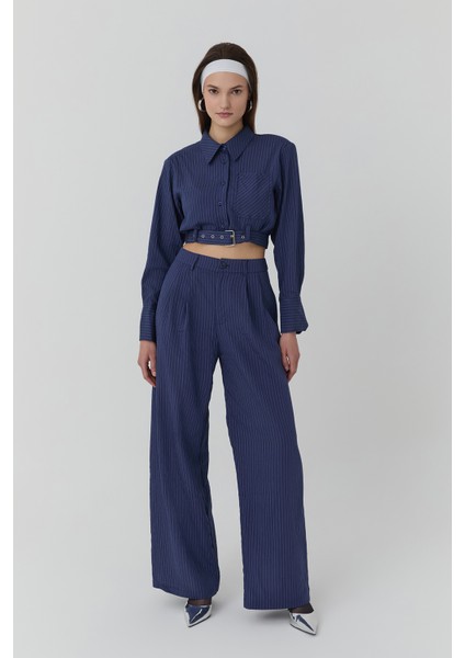 Ince Çizgi Detaylı Yüksek Bel Pantolon Lacivert