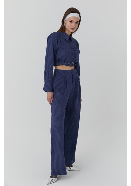Ince Çizgi Detaylı Yüksek Bel Pantolon Lacivert modelleri