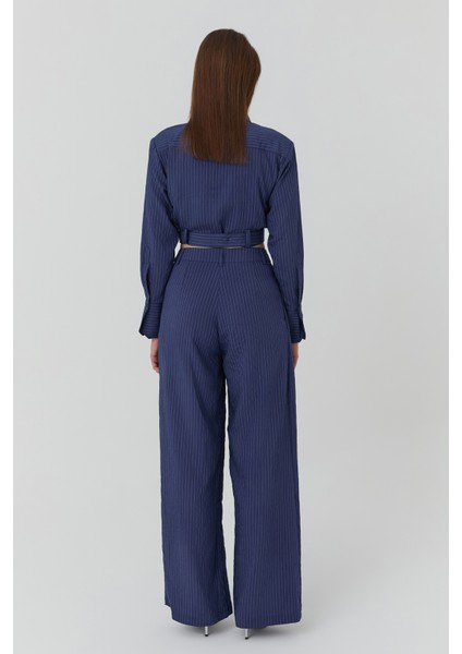 Ince Çizgi Detaylı Yüksek Bel Pantolon Lacivert indirimleri