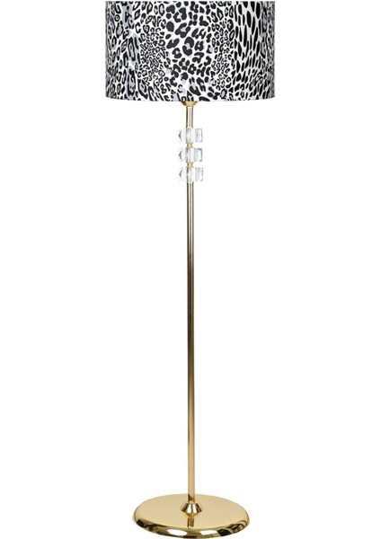 Lille Gold Kaplama Üçlü Kare Kristal Detaylı Metal Lambader - Leopar Desenli