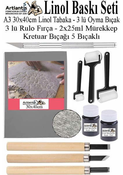 Linol Baskı Seti 1 Paket A3 30X40 Linolyum Tabaka Gri Linol Oyma Seti 3 Bıçaklı Kretuar Rulo Fırça Mürekkep Linol Baskı