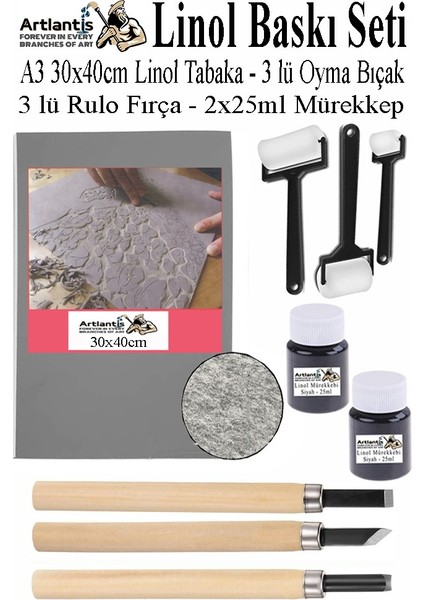 Linol Baskı Seti 1 Paket A3 30X40 cm Linolyum Tabaka Gri Linol Oyma Seti 3 Bıçaklı Rulo Fırça Mürekkep Linol Baskı Seti