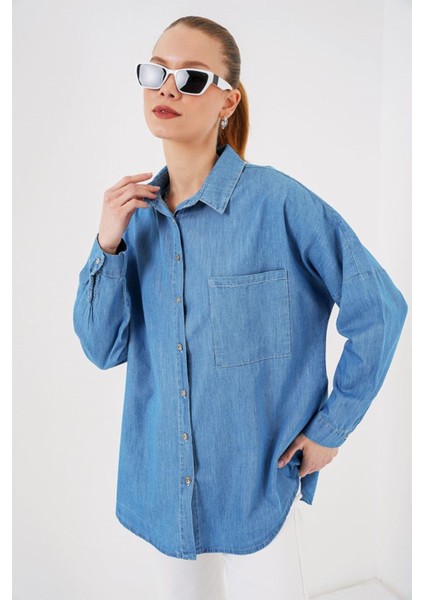 Oversize Kot Gömlek 20280 - Mavi